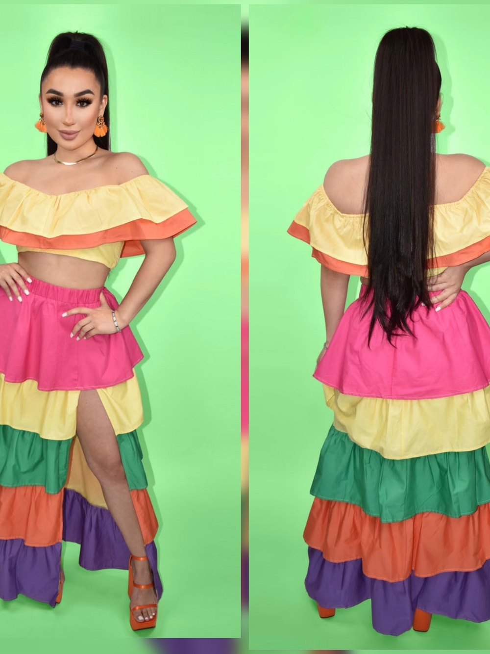 Skirt Set-Block Ruffle Tiered Maxi Skirt - Pink, Yellow, Green, Orange, Purple